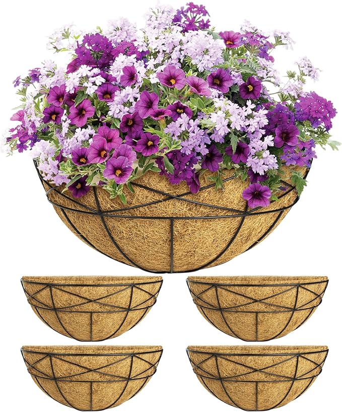 4 Pack 14 Inch Window Boxes Planters Railing Planter Box with Coco Liners Deck Railing Planter Boxes Balcony Hanging Flower Box Wall Mounted Half Round for Outdoor Plants Garden Decor