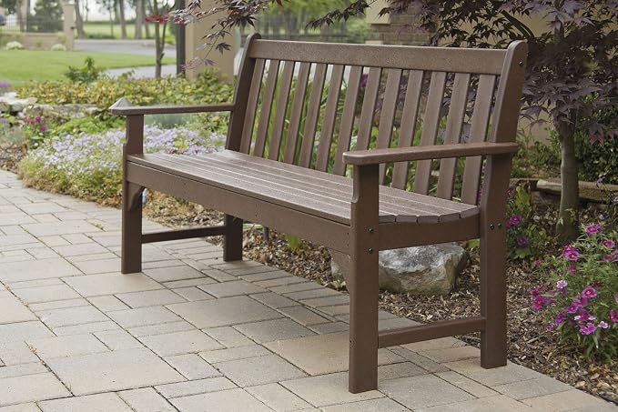 Polywood 60" 3-Person Vineyard Bench and 18" South Beach Side Table Bundle, Mahogany