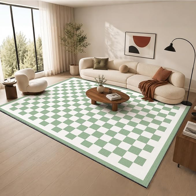 Nayoroom Sage Green Checkered 8x10 Area Rug, Soft Faux Wool Non-Slip Washable, Farmhouse Checkerboard Rug for Living Room Bedroom.