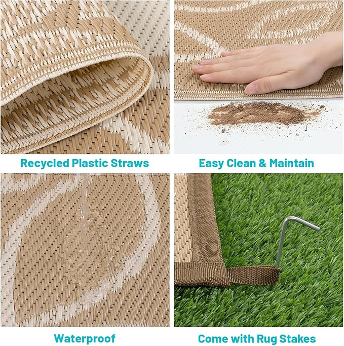HEBE Waterproof Outdoor Rug 9x12 for Patios, Floral Reversible Plastic Straw Rug Patio Mat, Indoor Outdoor Carpet RV Mat Camping Rug for Deck, Camper, Porch, Balcony, Backyard, Picnic