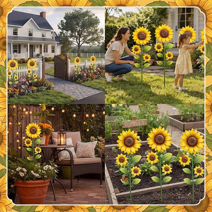 4 Pack Garden Decor for Outside 15.7'' Metal Sunflower Garden Stakes Decorative Summer Flowers Metal Yard Art Rust Proof Plant Sticks for Outdoor Lawn Yard Patio Porch