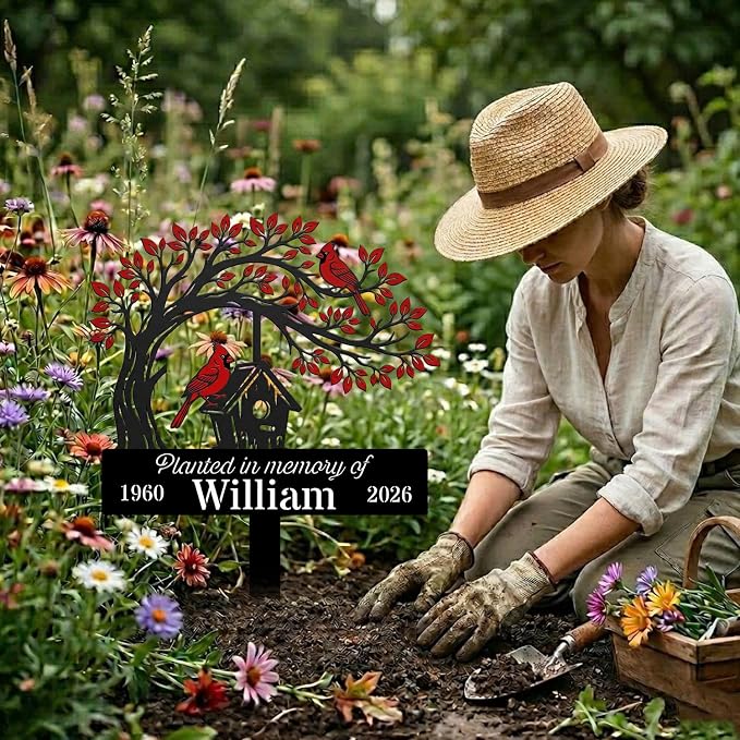 Personalized Cardinal Garden Sign with Stakes, Custom Outdoor Yard Decor, Memorial Gift for Mom, Garden Plaque Gifts for Memorial, Remembrance loss loved Ones, Grave Marker 22