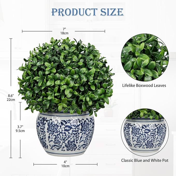 DILATATA Artificial Topiary Boxwood Ball in Blue and White Ceramic Pot, 9 Inch Artificial Boxwood in Planters Decorative Fake Greenery for Table Centerpiece Indoor Plant Home Decor - Small