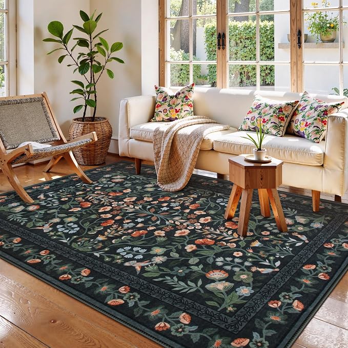 Lahome Black Floral Washable Area Rug 5x7, Vintage Boho Carpet | Non Slip Stain Resistant Carpet for Bedroom Kitchen Entryway, Low-Pile Soft Rug for Living Room Office, Home Decor
