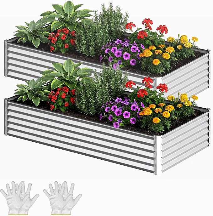 YITAHOME 2pcs 8x4x1.5ft Galvanized Raised Garden Bed, Metal Planter Box with Safety Rubber, Gloves, Outdoor Flower Bed for Planting Plants Vegetables, Silver