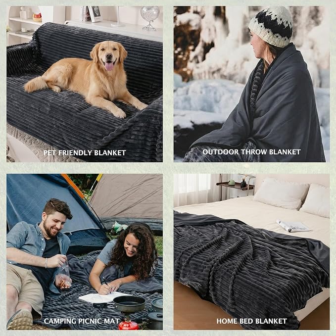 PuTian Waterproof Outdoor Blanket 79"X57" Packable, Stadium & Car Camping Blanket with Corduroy Fleece Lining, Windproof Throw for Picnic Hiking Road Trip, Machine Washable, Dark Grey 350GSM
