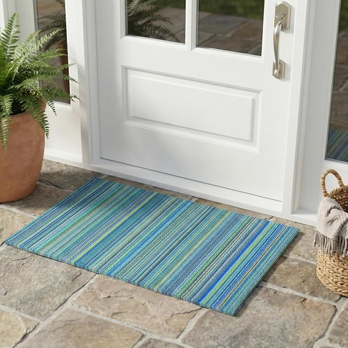 Fab Habitat Striped Non Slip Doormat - Durable, Thin - Recycled Plastic - Entryway, Front Door, Porch, Patio - Cancun Turquoise/Moss Green (24" x 36" Non-Slip)