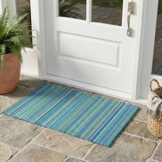 Fab Habitat Striped Non Slip Doormat - Durable, Thin - Recycled Plastic - Entryway, Front Door, Porch, Patio - Cancun Turquoise/Moss Green (24" x 36" Non-Slip)