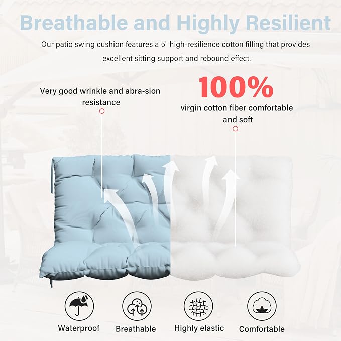 Porch Swing Cushion with Backrest,Waterproof Bench Cushion for Outdoor Furniture,2-3 Seater Replacement Thickened 5 in swing cushion,with Ties,Patio,Outdoor,Backyard and Garden (Sky Blue,47x40 in)