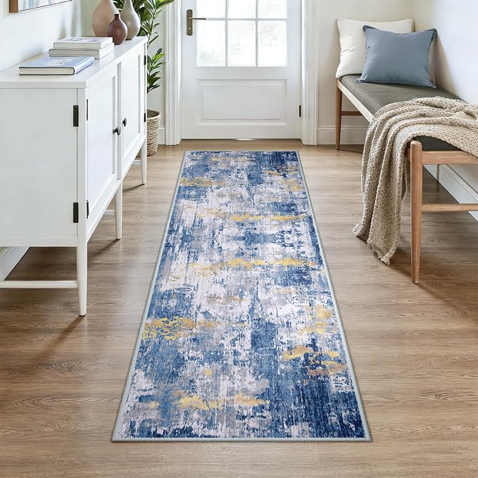 RELEANY Washable Runner 3'x7' Abstract Area Rug for Hallway Blue Gold | Carpet for Kitchen, Entryway, Bathroom, Living Room, Bedroom, Printed Pattern, Non‑Slip, Soft, Stain‑Resistant, Easy to Clean