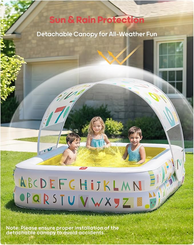 QPAU Baby Pool with Canopy, Inflatable Design, 65 x 39 in, Yellow | Inflatable Design with Soft Cushioned Floor, Converts to a Ball Pit for Kids and Toddlers, for Indoor and Backyard Play