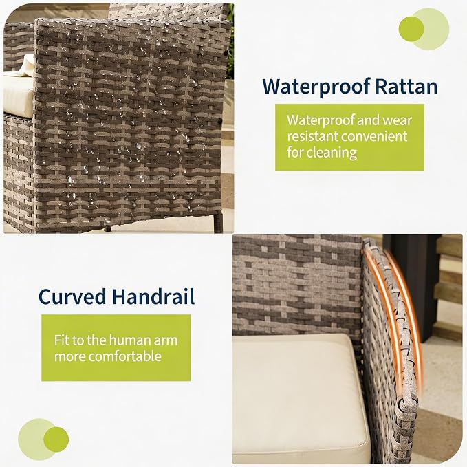 3-Piece Outdoor Furniture Set, PE Rattan Wicker Chairs with Soft Cushions & Tempered Glass Coffee Table - All-Weather Patio Set for Garden, Backyard, Porch, Poolside (Grey/Beige)