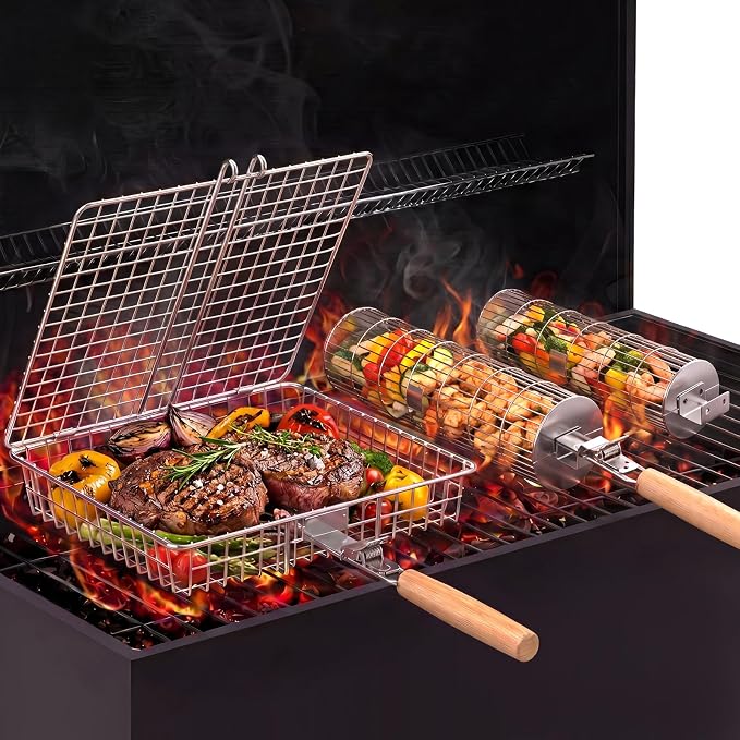 Havawish 3 Pcs BBQ Basket Grill Set 430 Stainless Steel Rectangular Grill Basket with Removable Wooden Handle 2 Rolling Cylinder Baskets for Vegetables Fish Meat Outdoor Grilling Gift for Dad Husband