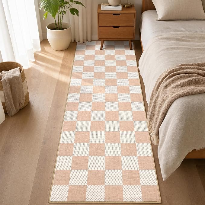 GarveeHome Checkered Blush Beige 2x6 Washable Low-Pile Kitchen Runner Rug | Non-Slip Blush Beige Stain Resistant Rug for Kitchen Hallway Entryway Bedroom Bathroom Geometric Modern Rug TPE Backing