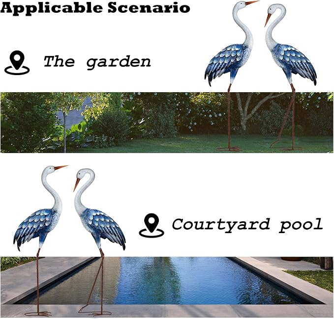 Kircust Blue Metal Heron Statues,Outdoor Garden Crane Sculptures 47-48 Inch | Waterproof and Rust-proof Bird Yard Art, For Pond & Lawn Garden Decor