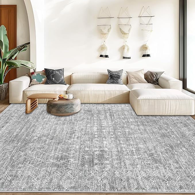Area Rug Living Room Rugs 8x10 - Large Soft Boho Geometric Rug, Non-Slip Foldable Washable Rugs Non Shedding Morden Indoor Floor Carpet for Living Bedroom Office Dining Room (Moroccan Grey, 8'x10')