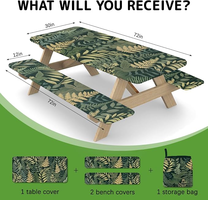 Picnic Table Cover with Bench Covers Elastic Edges, 3 Pcs Leaf View Fitted Table Cover with Drawstring Bag, Waterproof Windproof Aesthetic Camping Tablecloth, Outdoor Camping Essentials 72 Inch