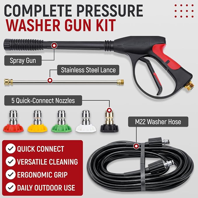 Pressure Washer Gun, 3000 PSI Max Power Washer Wand with 26.2 ft Hose, M22-14 mm Copper Connector, Stainless Steel Lance, 5 Nozzles for Car, Patio, Fence, Siding Cleaning