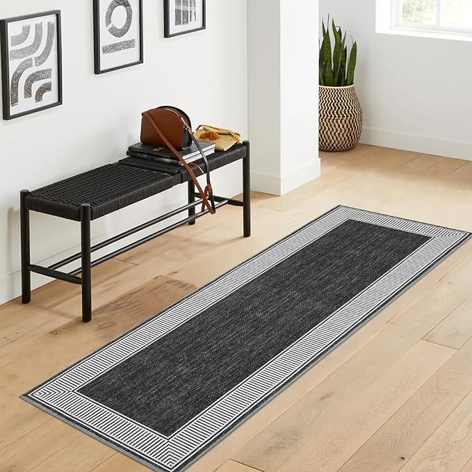 GarveeHome Hallway Runner Rug 2x6 Washable Kitchen Runner Carpet | with Rubber Backing Stain Resistant Striped Border Entry Rug Geometric Area Rug for Living Room Bedroom Dining Room, Black