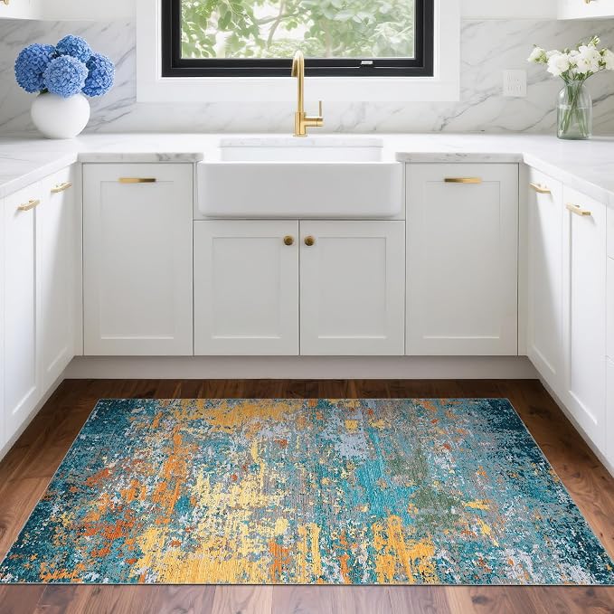 ROYHOME Modern Abstract 2x3 Area Rug Non Slip, Multi Color | Non Shedding Low Pile Stain Resistant Rug for Entryway Kitchen Bedroom