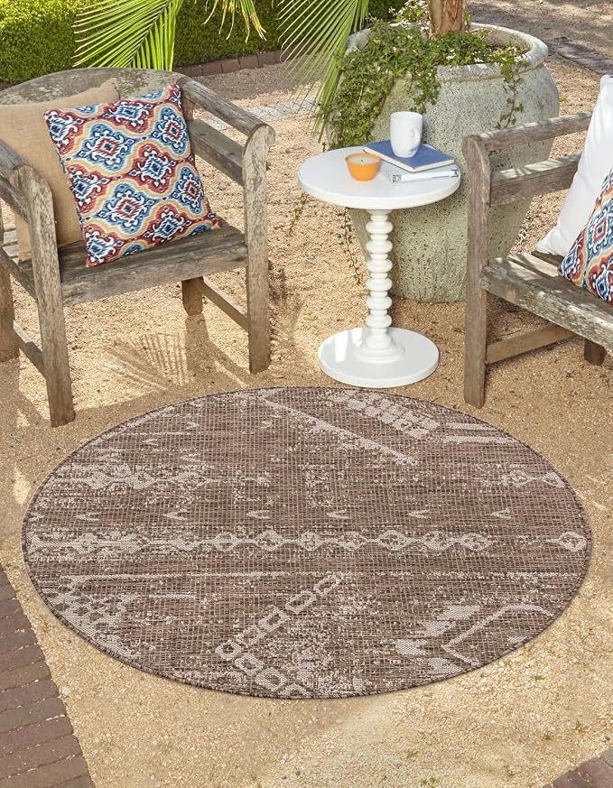 Unique Loom Outdoor Bohemian Collection Area Rug - Anthro (7' 10" Round, Brown/ Ivory)