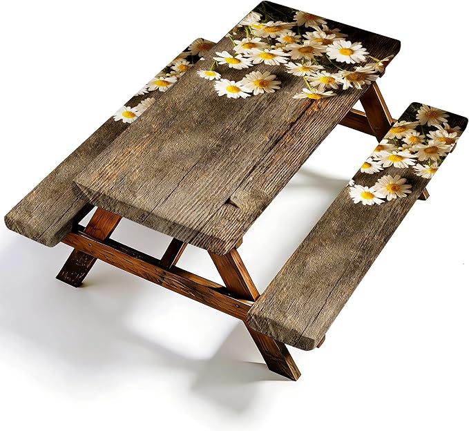 NYZE 3 Pieces Picnic Table Cover with Bench Covers Set, Vintage Wooden Elastic Edge Daisy Camping Tablecloth, Tablecloth Cover with Drawstring Bag, Camping Essentials for Outdoor Picnics, Patio, BBQ