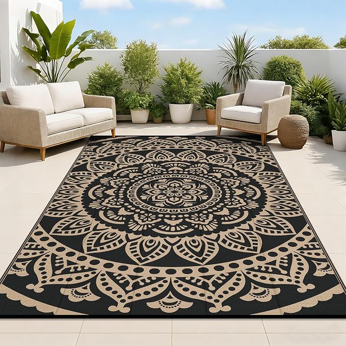 Bsmathom Waterproof Outdoor Rug, 5'x8', Black | Reversible, Boho Plastic Straw, Portable RV Mat, For Patio, Deck, Camping, Porch, Balcony, Backyard, Beach, Pool