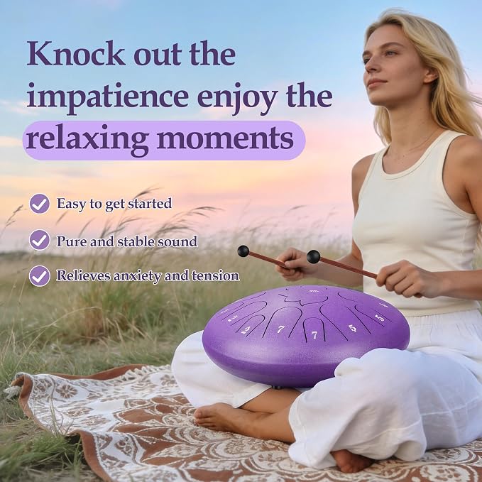 Rain Drum for Outside - 15 Note 12 Inch Steel Tongue Drum - Handpan Drum for Meditation and Beginners with Music Book, Rain Drum Mallet, and Carrying Bag(Purple, 12 lnch)