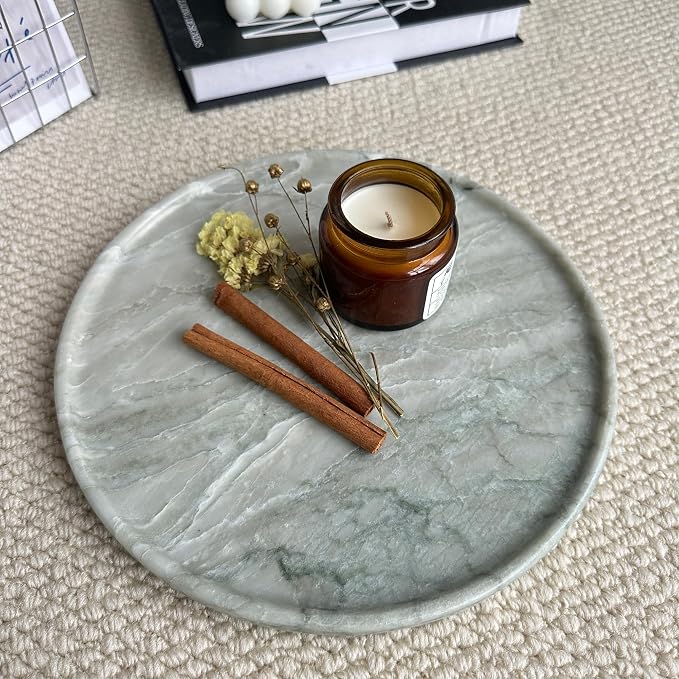 Real Natural Marble Round Tray 10.2in Solid Stone Decorative Plate | Luxury Light Green Marble Decor Tray for Candle, Jewelry, Plant. Food-Safe Solid Stone Serving Dish with Unique Veining