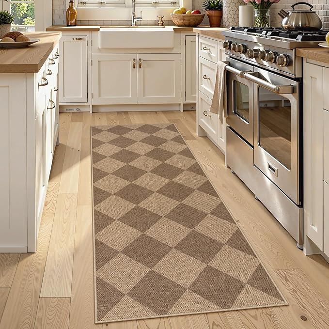 Lahome Colette Checkered Easy Jute Runner Rug, 2x6 Kitchen Mats for Floor Non Slip Washable Entryway Runner, Checkerboard Nature Indoor Outdoor Carpet for Hallway 6ft Entry
