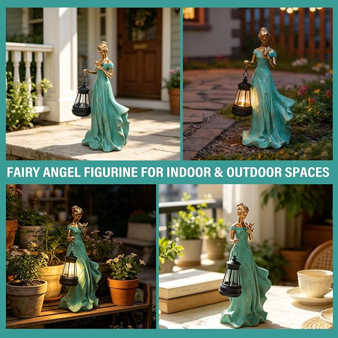 Solar Garden Statue Outdoor - Fairy Angel Statue Holding a Lantern, Waterproof Resin Vintage Green Girl Decoration for Yard Lawn for Woman Mom Grandma