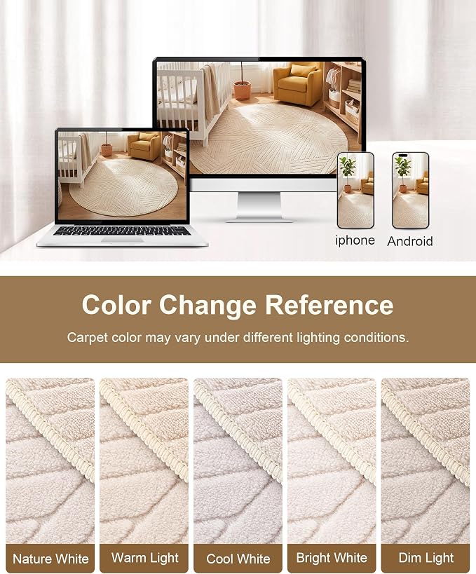 Carvapet 5.2ft Round Rug Beige Washable High Low Pile Carpet | Soft plush washable carpet with high low pile texture and non slip backing for living rooms, bedrooms and family spaces