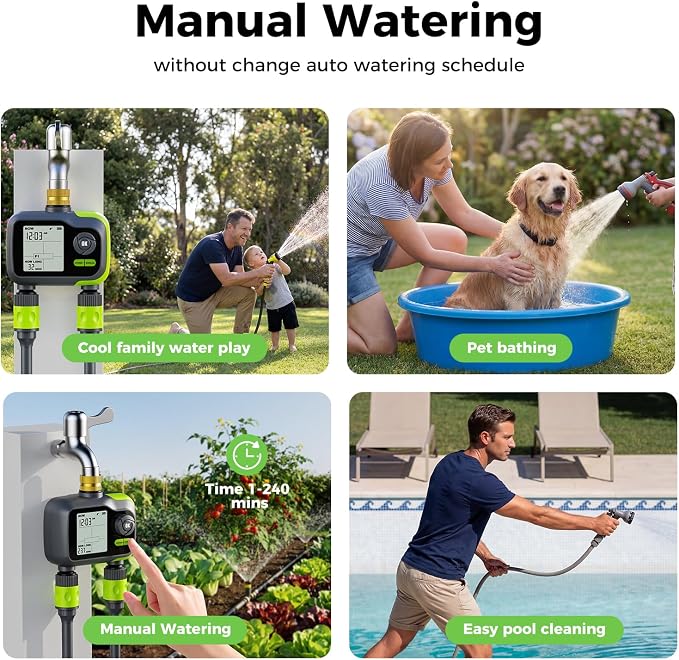 Sprinkler Timer, Brass Inlet Programmable Watering Timer for Garden Hose Fits 3/4” US Faucet, Outdoor Auto& Manual Hose Timer w/Rain Delay& Lock, Dirp Irrigation for Lawn, Yard, 2 Outlets