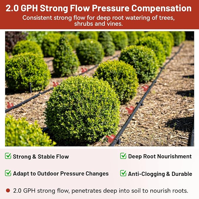300 PCS 2 GPH Pressure Compensating Drip Irrigation Spot Dripper, Strong Flow Drip Irrigation Emitters Heads for Shrubs Small Trees, Irrigation Drippers Parts for Deep Root Outdoor Garden Irrigation