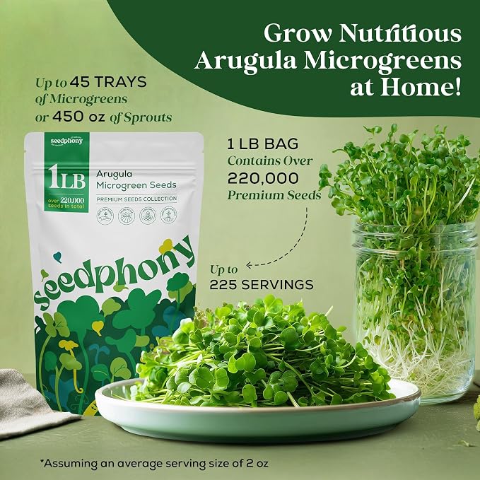 Seedphony Arugula Sprouting & Microgreens Seeds - 220,000 Non-GMO Heirloom Seed, 1lb Resealable Bag - High-Germination Arugula Seeds for Sprouting in Jars, Soil, Hydroponics & Microgreen Trays
