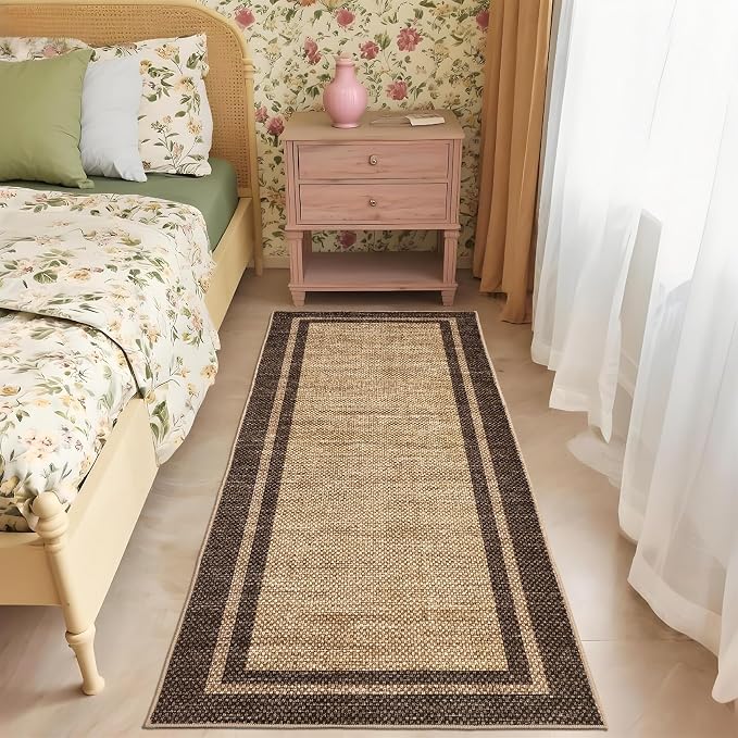 COZYLOOM Bathroom Rug Runner 2x6 Washable Area Rugs for Entryway, Brown | Non Slip Stain Resistant Modern Bordered Non Shedding Low Pile Foldable Soft Mats for Bedroom Hallway Kitchen