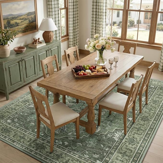 RELEANY Washable Area Rug, 8'x10', Green/Dark Green/Gray | Non-Slip, Water Repellent, Pet Friendly, Easy to Clean, Vintage Floral Boho Decor for Living Room Bedroom Dining Room