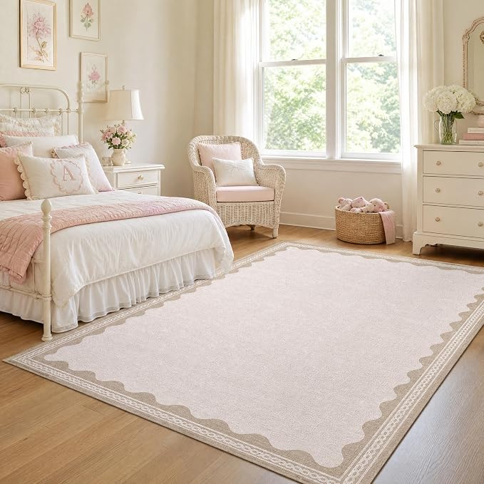 GarveeHome Scalloped Beige Washable Rugs 9x12 Rug for Living Room Non-Slip Solid Modern Minimalism 9 x 12 Rug Low-Pile Carpet for Bedroom Dining Nursery Mat with Rubber Back