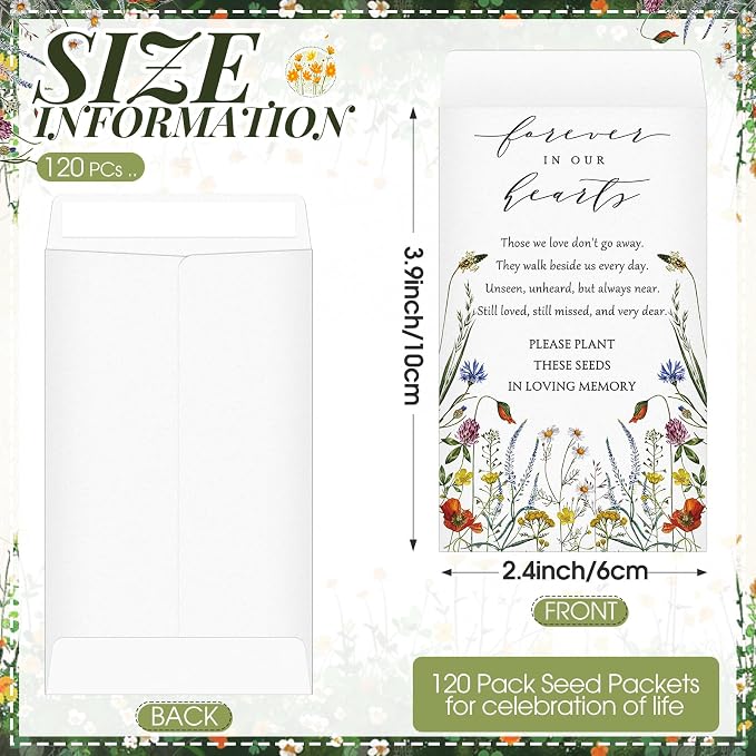 Fumete 120 Pack Wildflower Seed Packets Bulk Memorial Day Wildflower Coin Envelopes Kraft Small Celebration of Life Funeral Favors for Guests Loss of Loved One Veterans Day Gift, 3.9 x 2.4 Inch