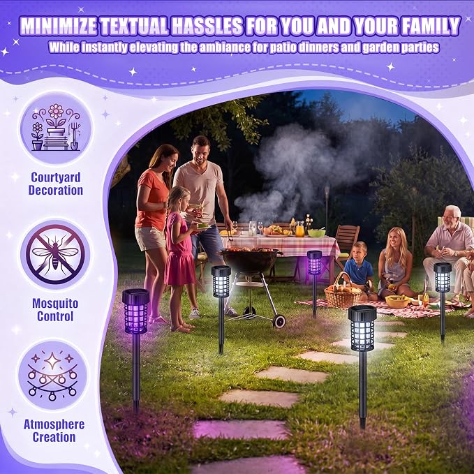 Qualirey 4 Pack Solar Bug Zapper Outdoor Waterproof Mosquito Repellent Killer Bug Zapper Lamp with LED Light for Outdoor Garden Patio Yard (White and Purple Light,Black)