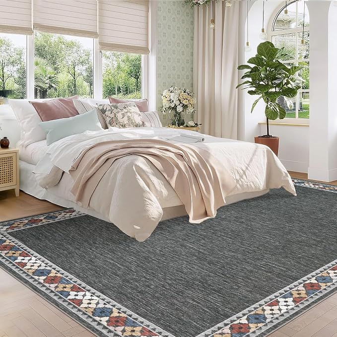 Garvee 5x7 Area Rugs Tribal Border Washable Rugs Living Room, Dark Gray | Floral Border Area Rug Stain Resistant Easy Cleaning Throw Rugs Non Shedding Low Pile Floor Cover for Nursery Dining Room