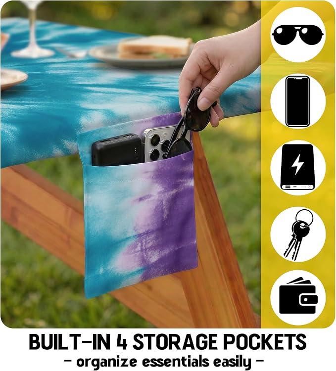 Picnic Table Cover with Bench Covers Waterproof Elastic Rectangle Tablecloth Camping Essentials Supplies Rv Car Travel Must Haves Gear Accessories Fitted Table Cloth Outdoor Road Trip Camper Gifts 6ft