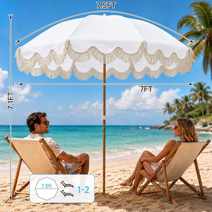 7.5FT Boho Patio Umberlla with Fringe,UPF50+ Outdoor Umbrella with Fiberglass Ribs and Push Button Tilt,Tassels Umbrella for Beach,Terrace,Picnic