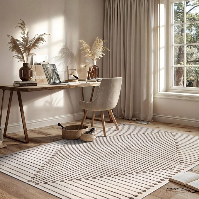 Rugshop Abstract Line Pattern Neutral Decor Area Rug Beige 4' x 6' | Rectangular, Size 4' x 6', Living Room, Bedroom, Dining Room, Home Office, Kitchen, Entryway, Hallway, Nursery, Kids Room