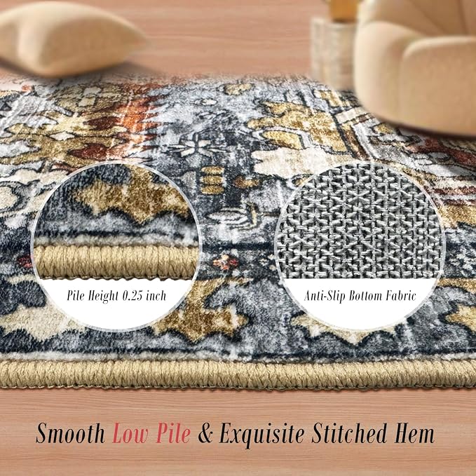 Washable Area Rugs - Perfect for Living Room, Bedroom, Kids Room, Nursery - Stain & Water Resistant Non-Slip, Pet & Child Friendly, Vintage Tribal Area Rugs (Turmeric and Grey, 4' x 6')
