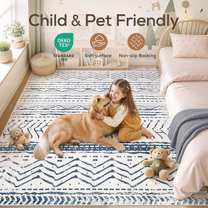 Nakagishi Boho 5x7 Area Rug Living Room Rugs Machine Washable Navy Blue | Soft, Pet & Kid Friendly, Carpet for Living Room/Bedroom/Office/Kitchen/Nursery, Daily Home Decor Stain Resistant Moroccan