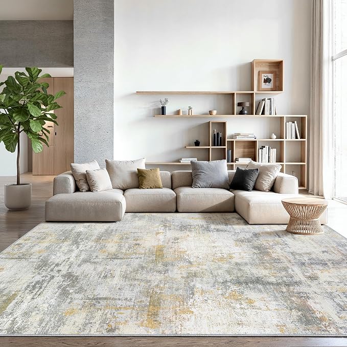 AMADA HOMEFURNISHING 10x14 Area Rugs for Living Room, Modern Large Area Rugs with Non-Slip Backing & Low Pile, Neutral Soft Washable Rug for Large Bedroom Dining Room Nursery Office, Beige