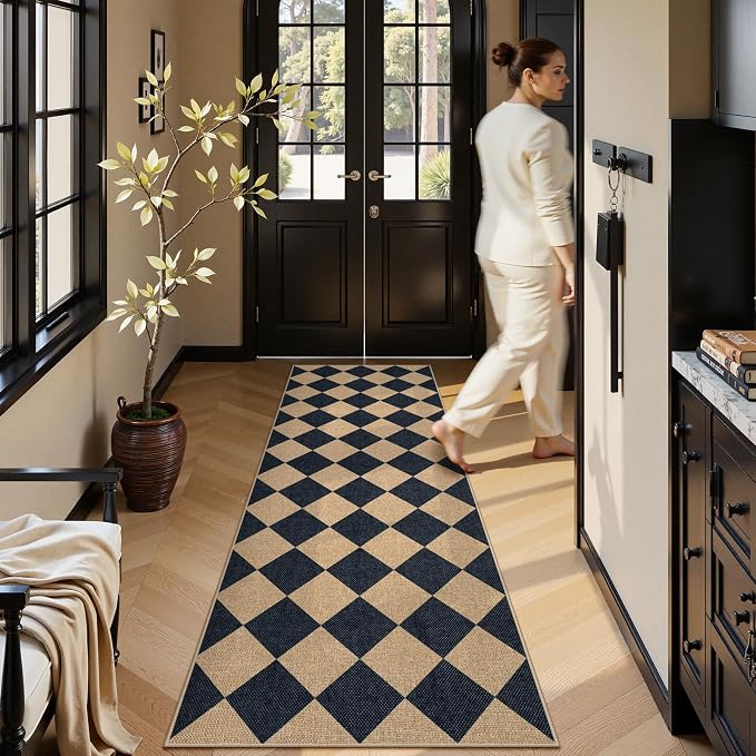 Lahome Checkered Easy Jute Non Slip Kitchen Runner, 2'6"x8' Washable Hallway Runner Rug Outdoor Black Carpet for Entryway Indoor, Checkerboard Indoor Outdoor Carpet for Hallway 8ft Entry