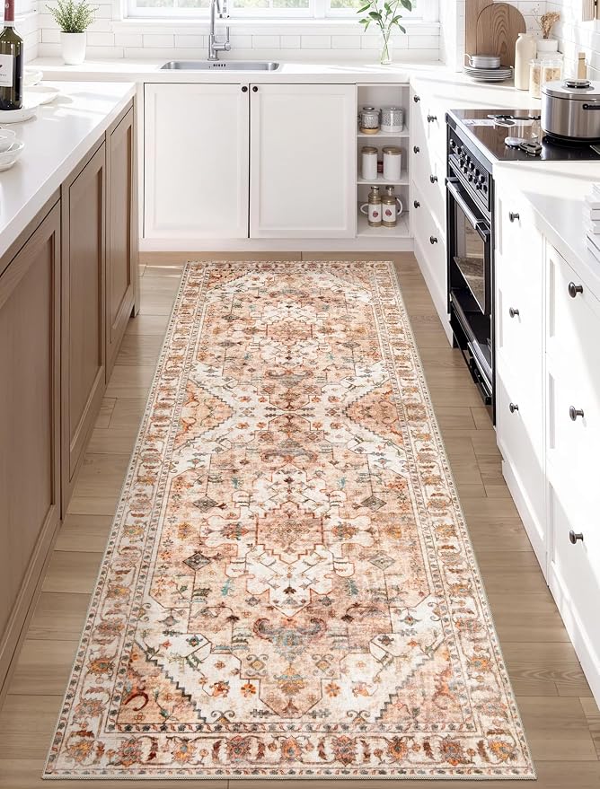 SERISSA 2x6 Washable Non Slip Boho Runner Rug for Hallway，Peach Cream | Ultra Soft Vintage Oriental Carpet Low-Pile Distressed Tribal Floor Carpet for Kitchen Bedroom Bathroom Laundry Living Room
