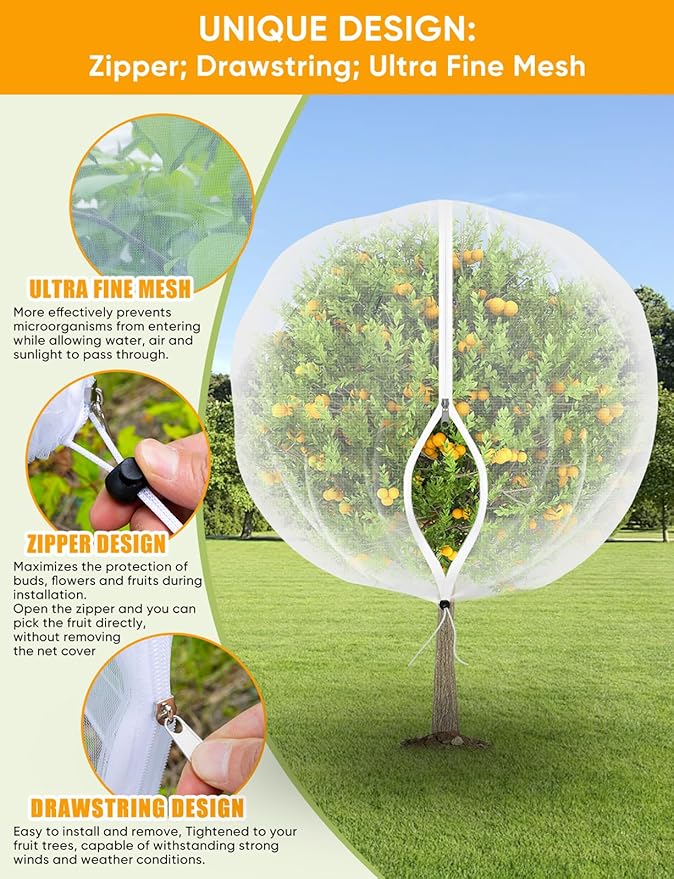 VITI Fruit Tree Netting for Cicadas - with 4Pcs 5Ftx5Ft Zipper&Drawstring Protection for Your Fruit Trees Garden Bird Netting Covers Blueberry Bush Tomato Bug Plant Protection Cherry Apple Tree